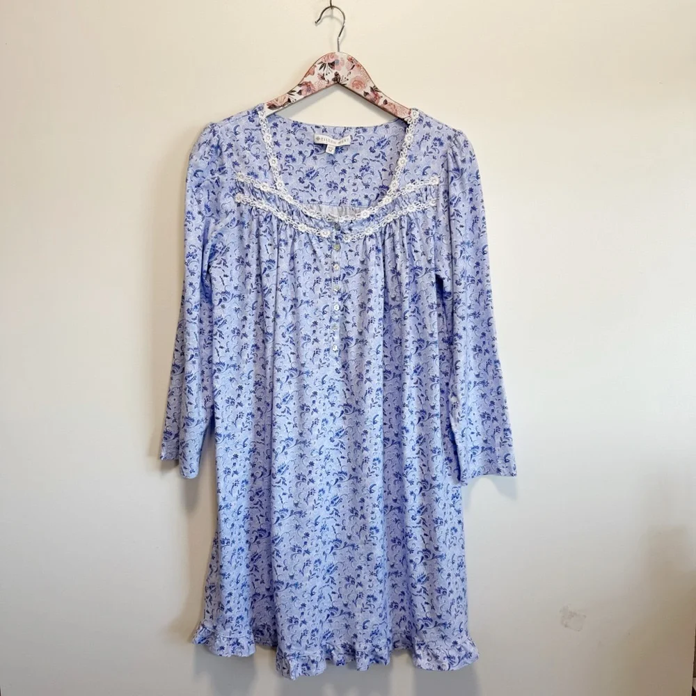 EILEEN WEST Blue Floral Long Sleeve Nightgown Sleep M Medium